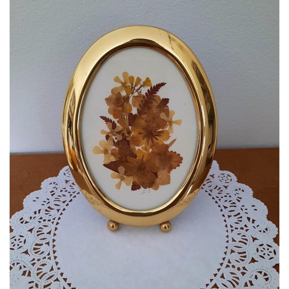 Vintage Brass Oval Frame Dried Flowers Yellow Brown Tabletop Wall Art